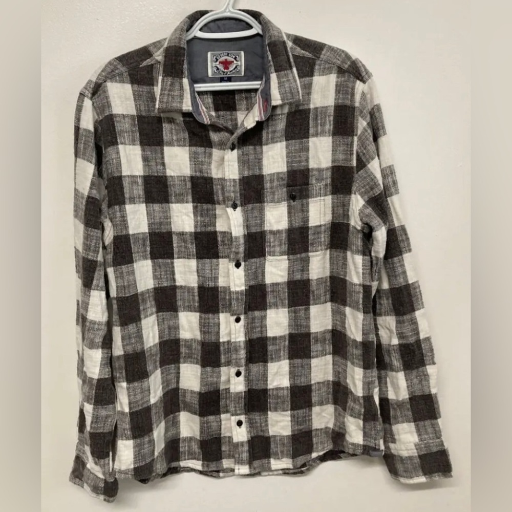 Flag & Anthem Mens Plaid Shirt Button Up Medium Cream Brown Long Sleeves Fall